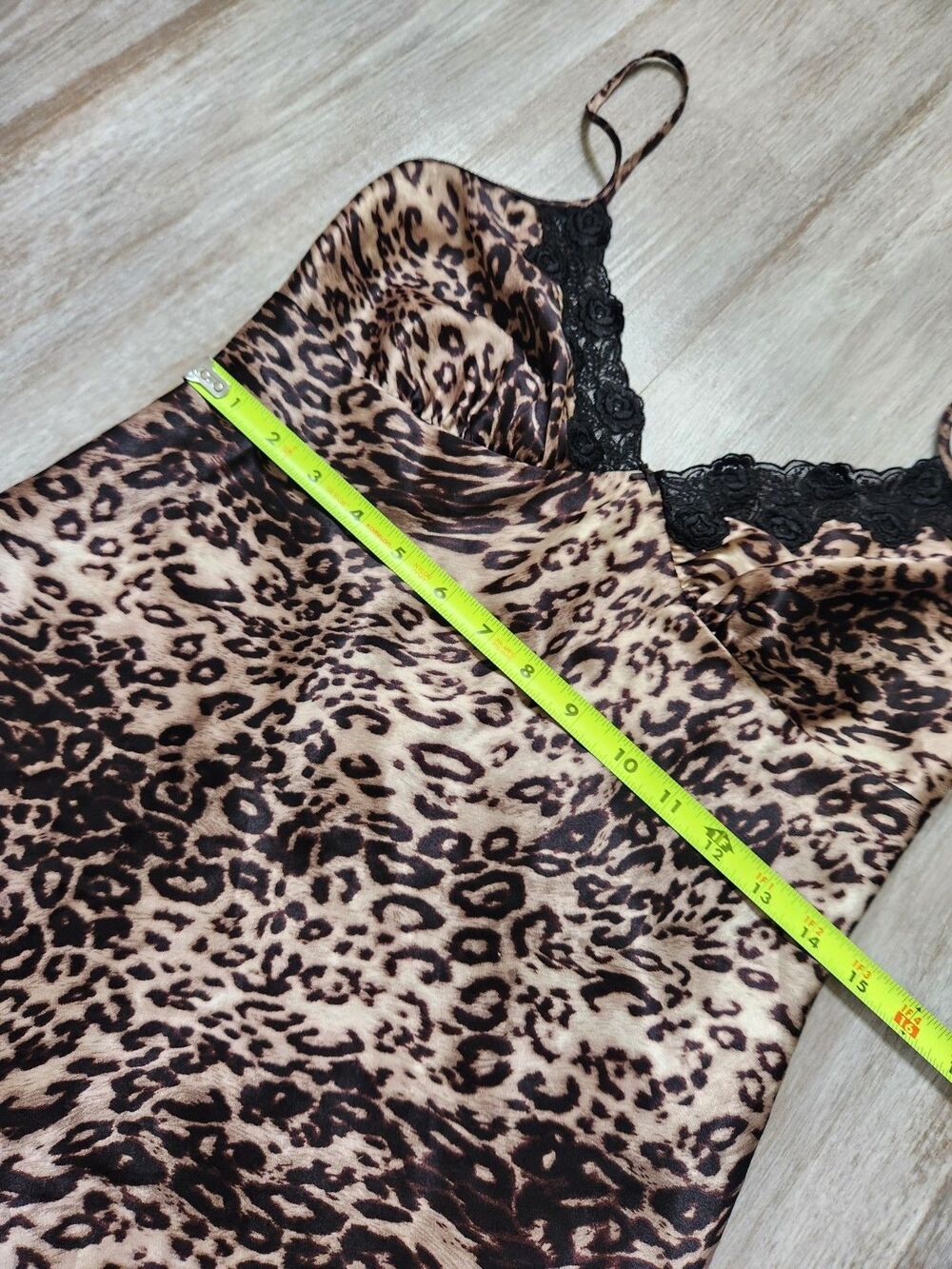 VTG Secret Treasures Leopard Satin Lace Trim Strappy Back Mini Slip Sz S EUC - Picture 8 of 12